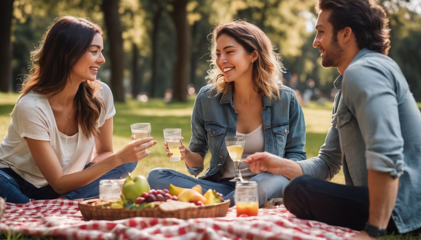 A diverse group of friends enjoying a budget-friendly picnic in a scenic park.