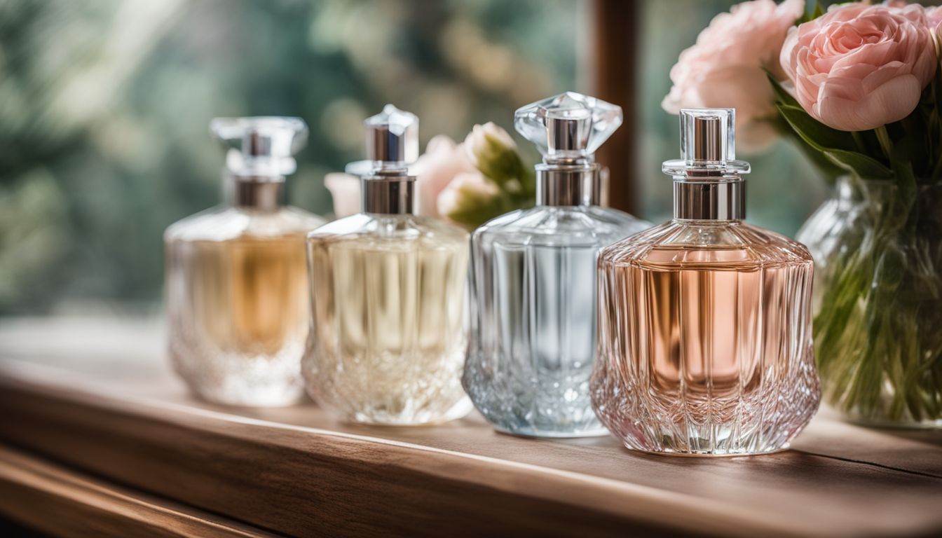 A row of perfume bottles on a wooden vanity with pastel flowers.