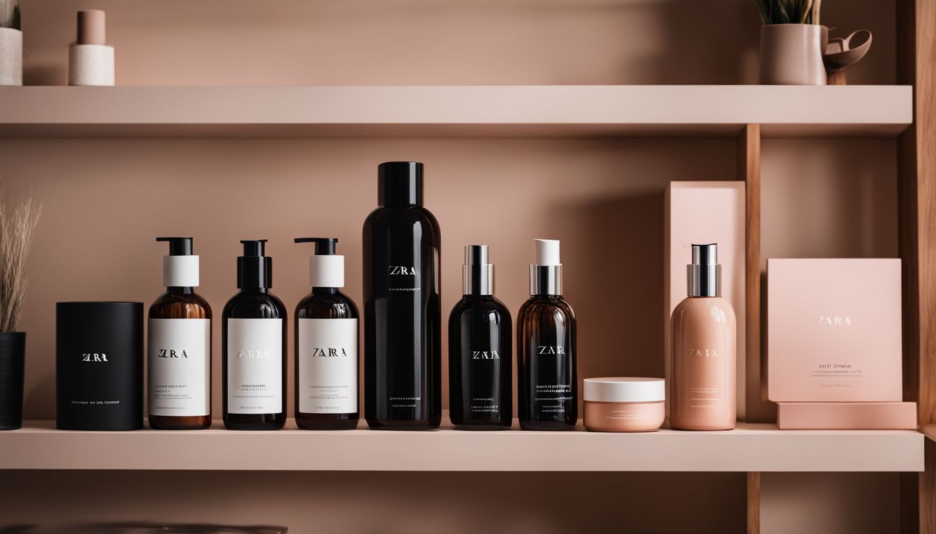 Stylish shelf with Zara and Glossier perfume bottles.