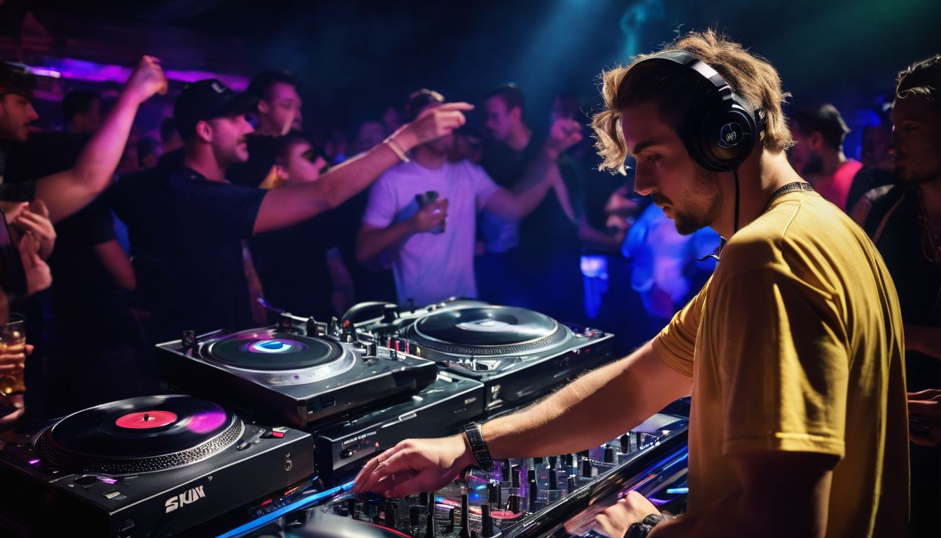 A DJ playing at a lively nightclub with a diverse crowd.