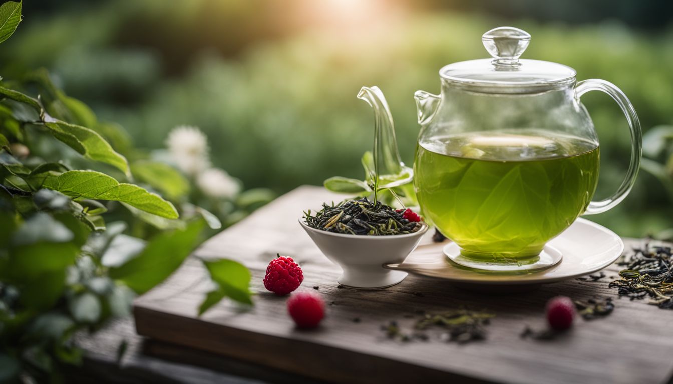 A photo of freshly brewed green tea and tea leaves in a serene garden setting.