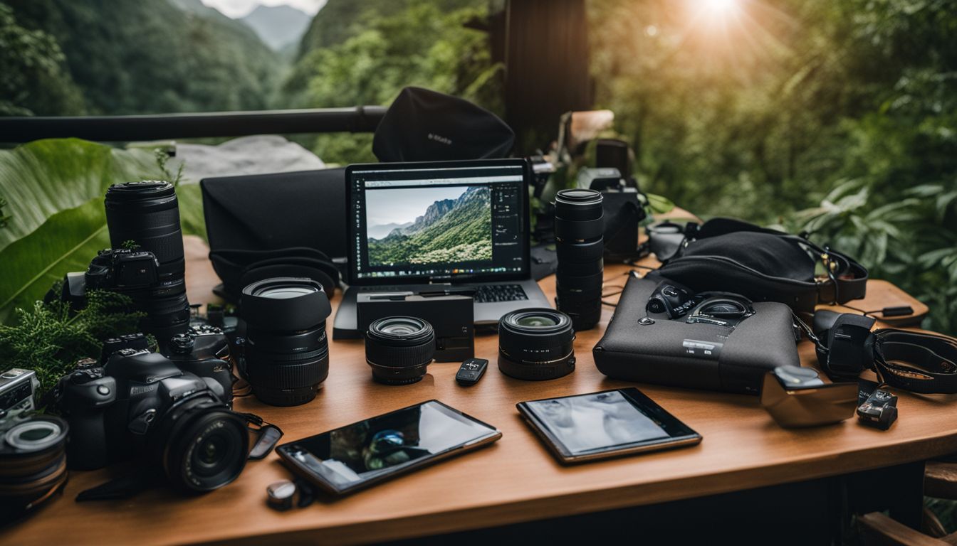 An organized arrangement of electronics and gear in a natural setting.