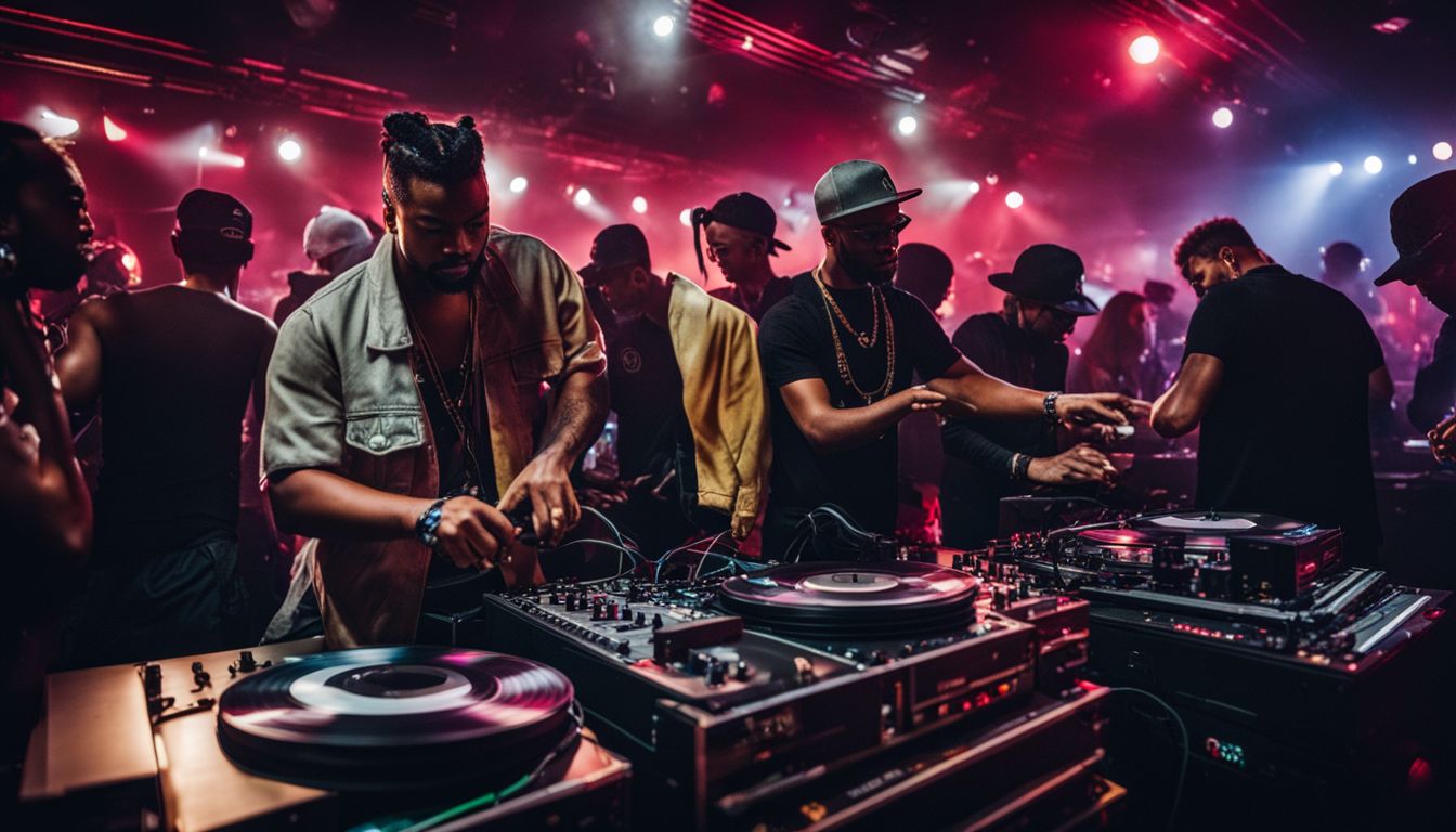 Multiple DJs scratching vinyl records in a bustling underground club.