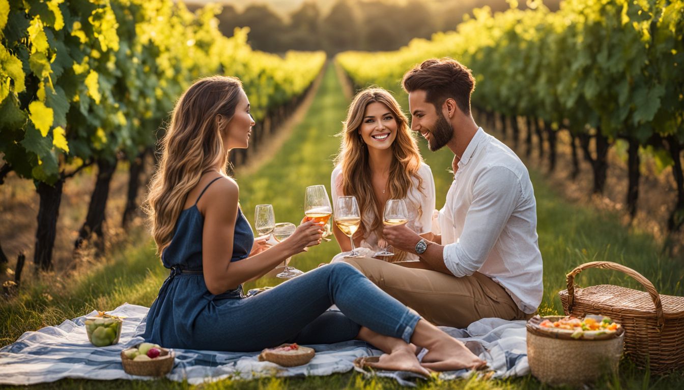 A couple enjoying a private picnic in a secluded vineyard.