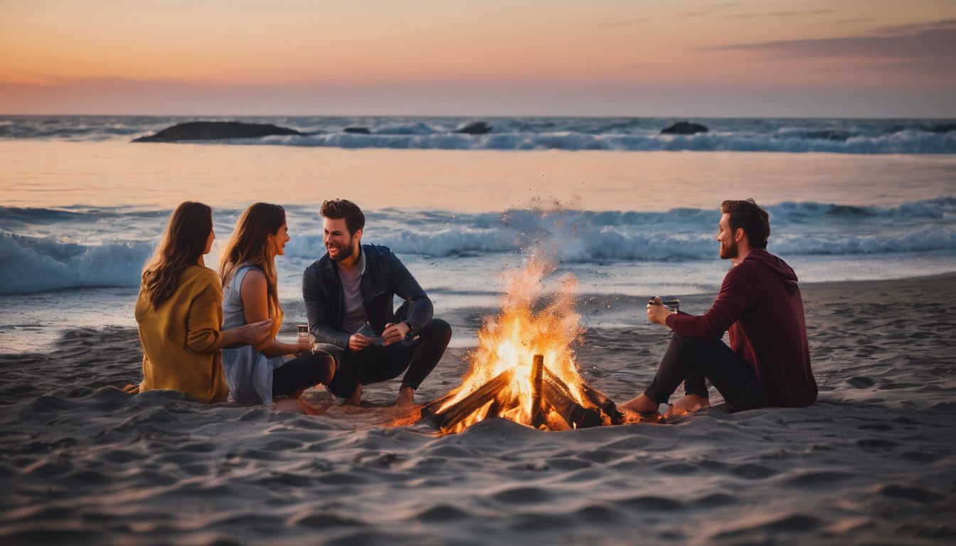 A group of friends enjoying a beach bonfire at sunset.