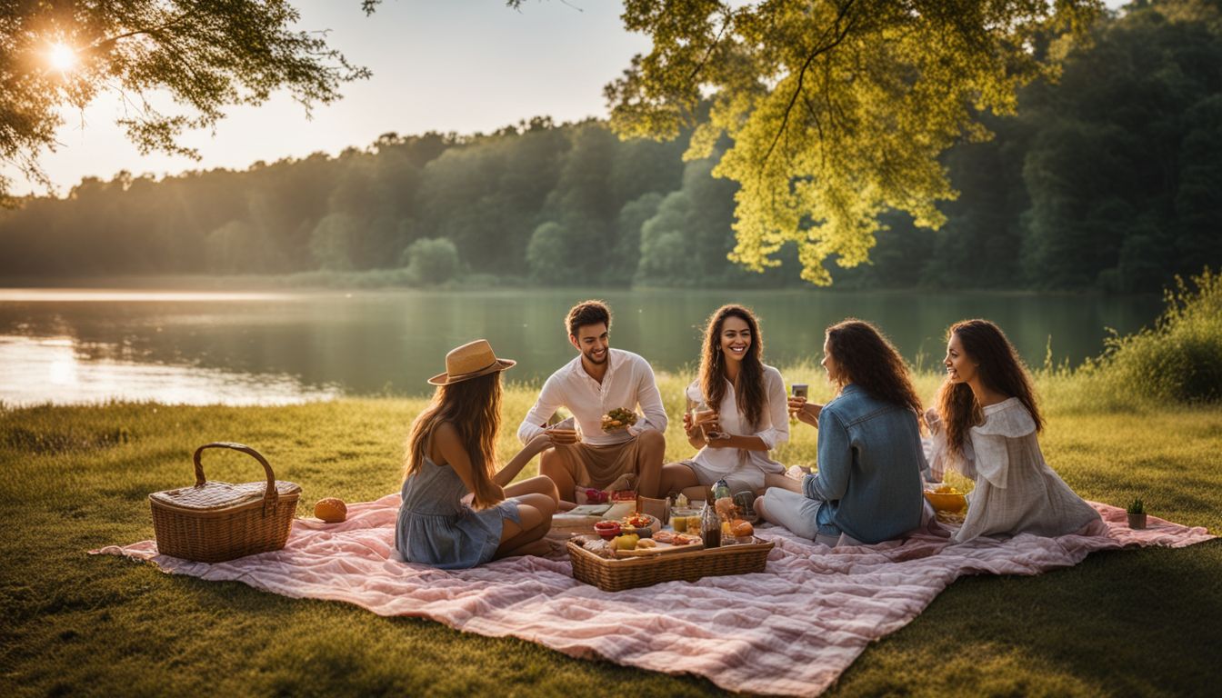 A picnic by a serene lakeside with diverse individuals and nature.