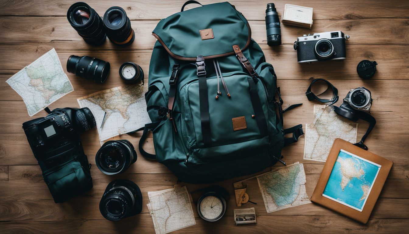 An organized hiking backpack surrounded by outdoor essentials and diverse people.
