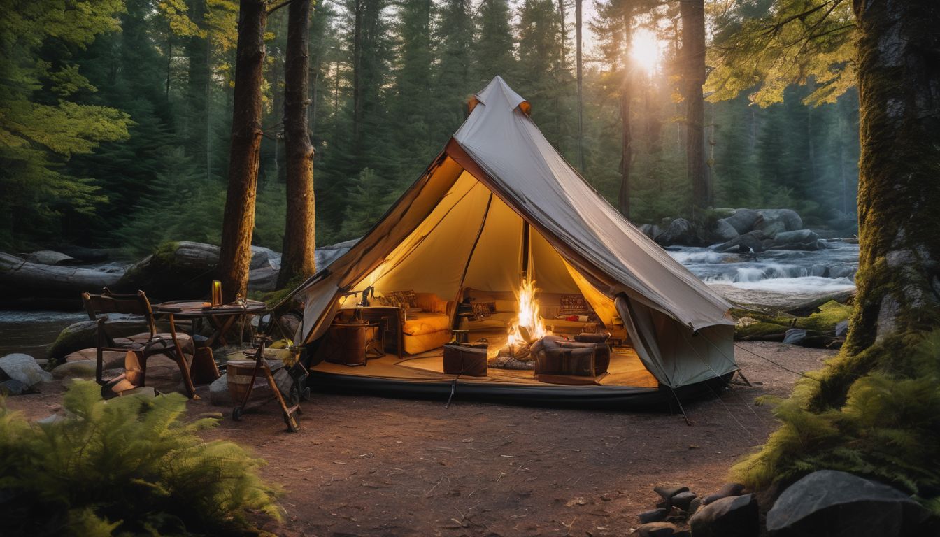 A rustic campsite with a cozy tent nestled in the woods.