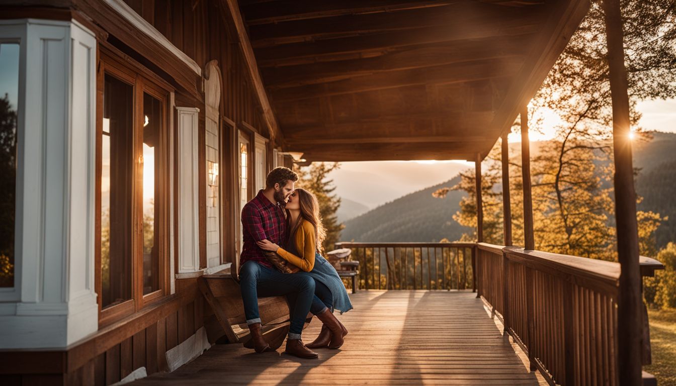 A couple embracing on a mountain country house porch at sunset.