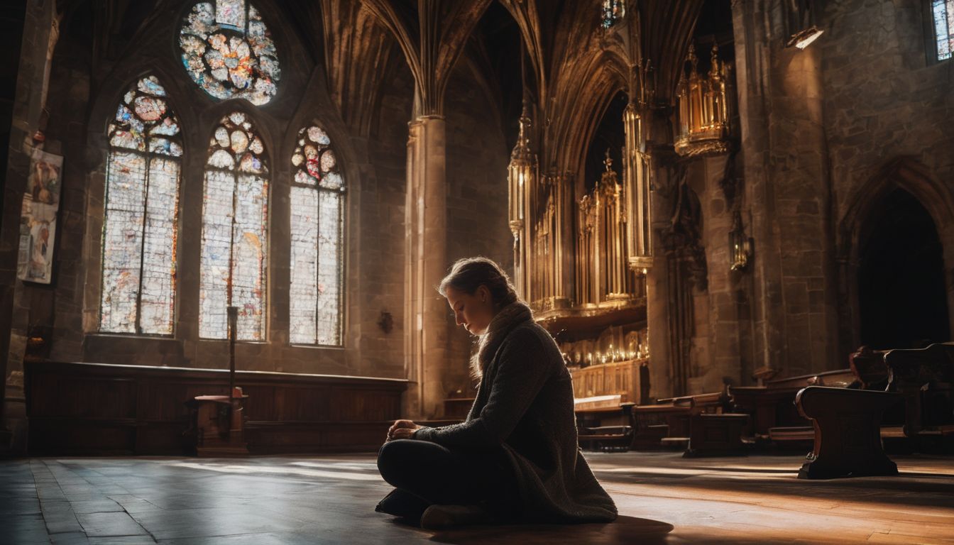 A person seeking solace alone in a dark church.