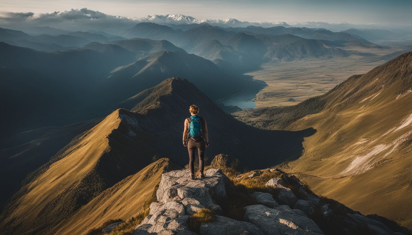 A hiker enjoying a stunning mountain view on a cliff.