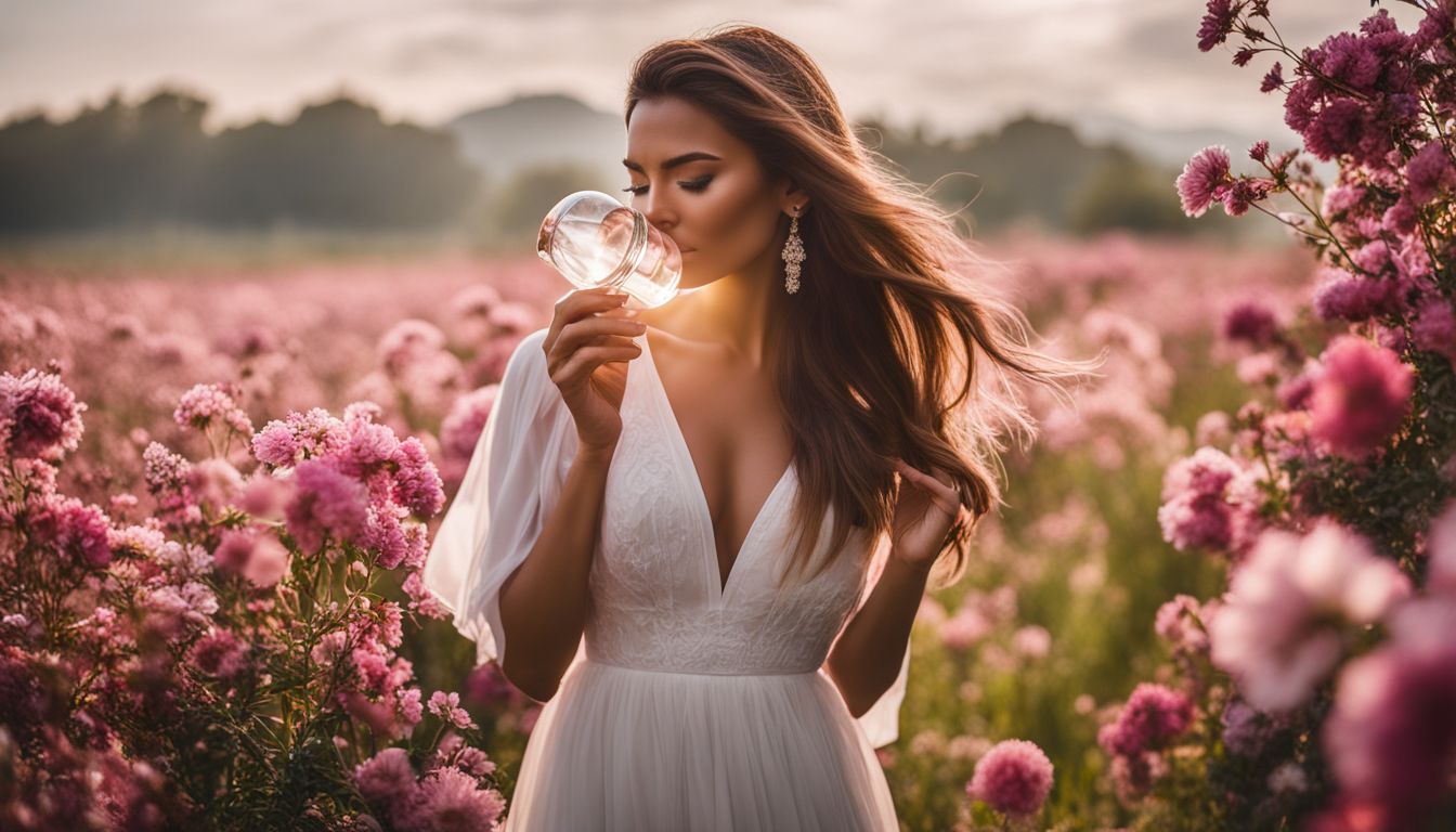 A woman sprays perfume in a blooming flower field.