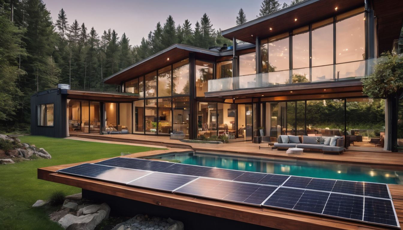 A modern home with solar panels surrounded by greenery.