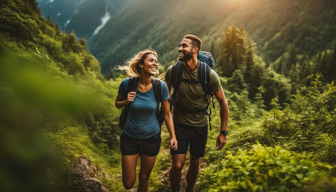 A couple enjoying a mountain hike in lush greenery.