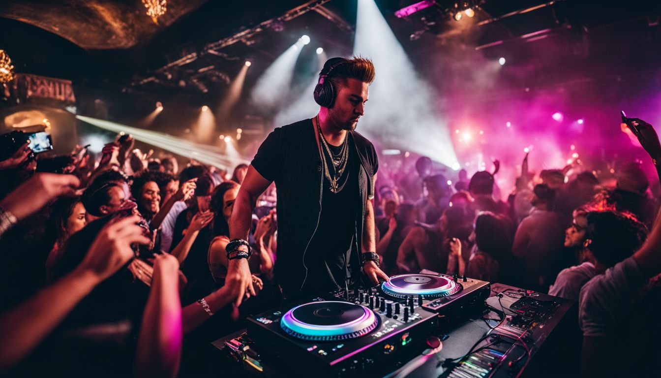 A DJ performing at a crowded, lively club with dancing fans.