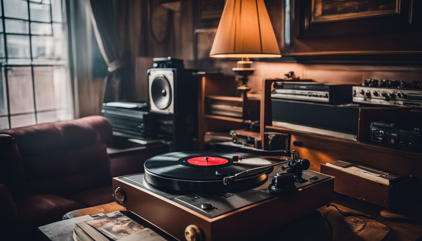 A vintage turntable and records in a bustling urban room.