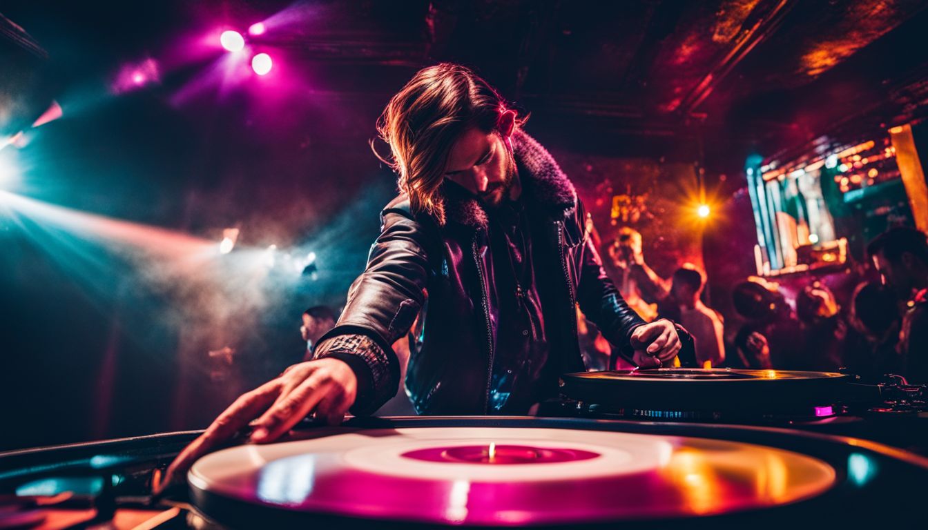 A DJ spinning vinyl records in a bustling club atmosphere.