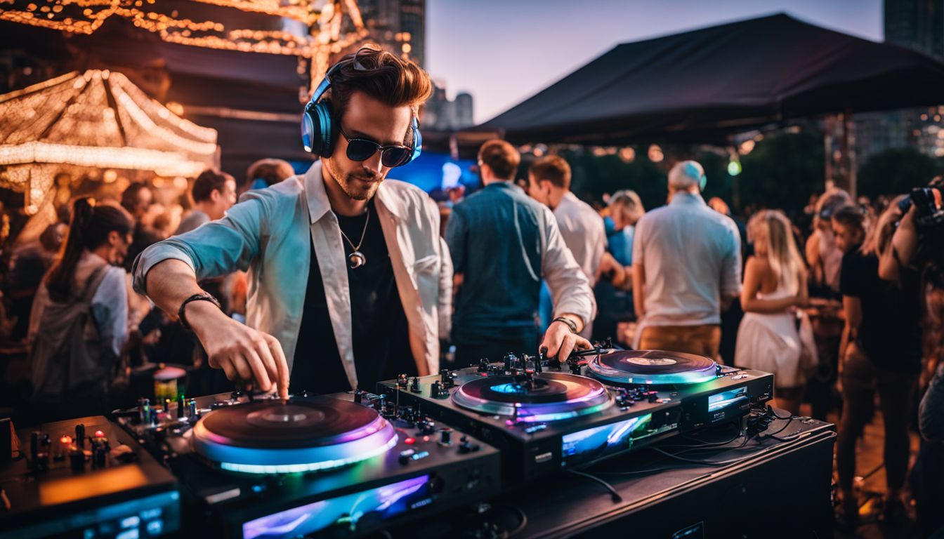 A DJ mixing music in a lively outdoor city setting.