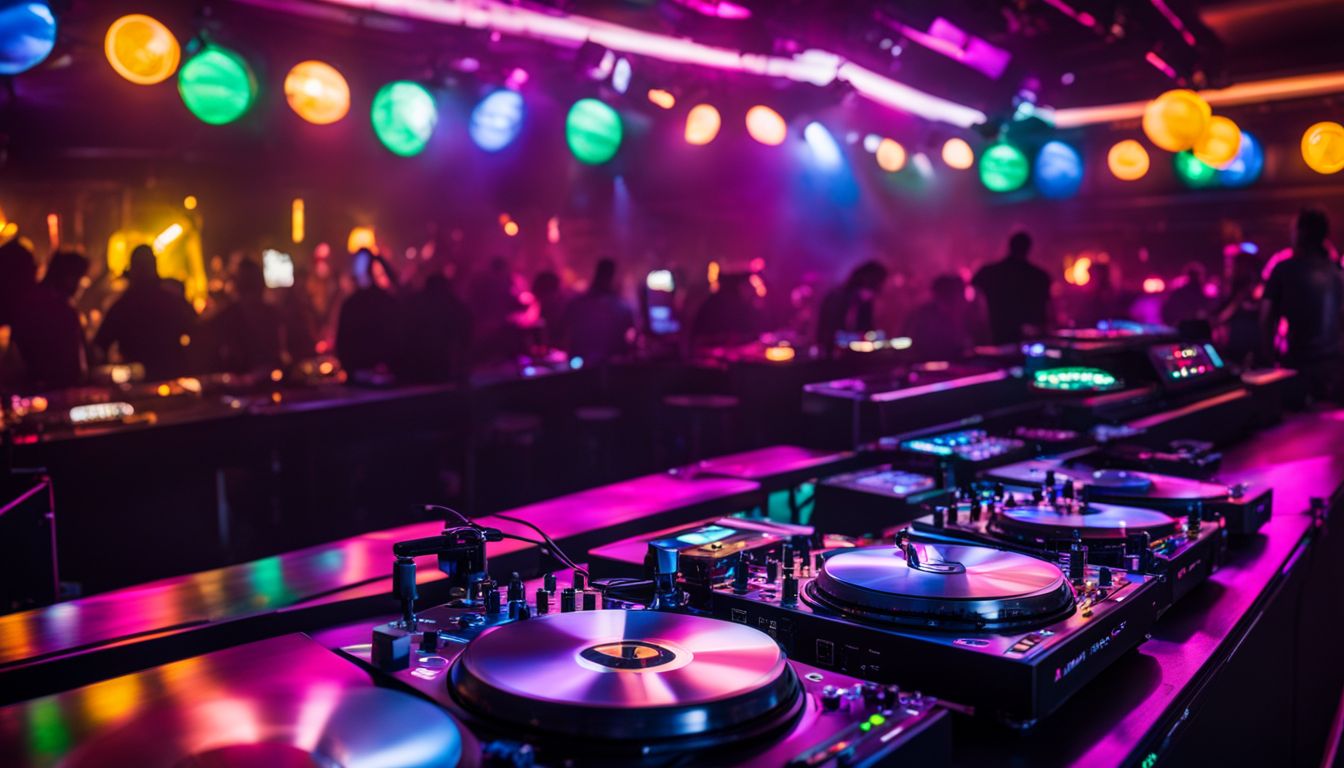 A photo of DJ equipment in a vibrant nightclub setting.