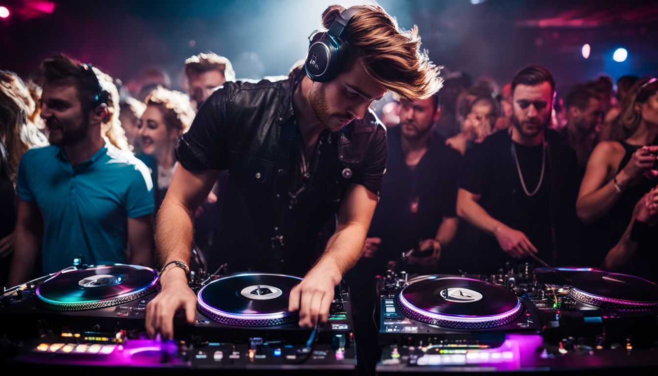 A DJ performing in a crowded nightclub with people dancing.