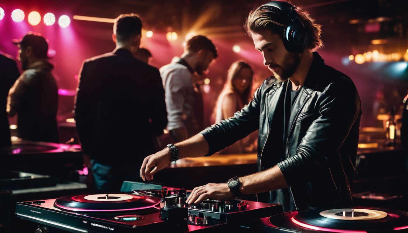 A set of DJ turntables and vinyl records in a bustling nightclub.