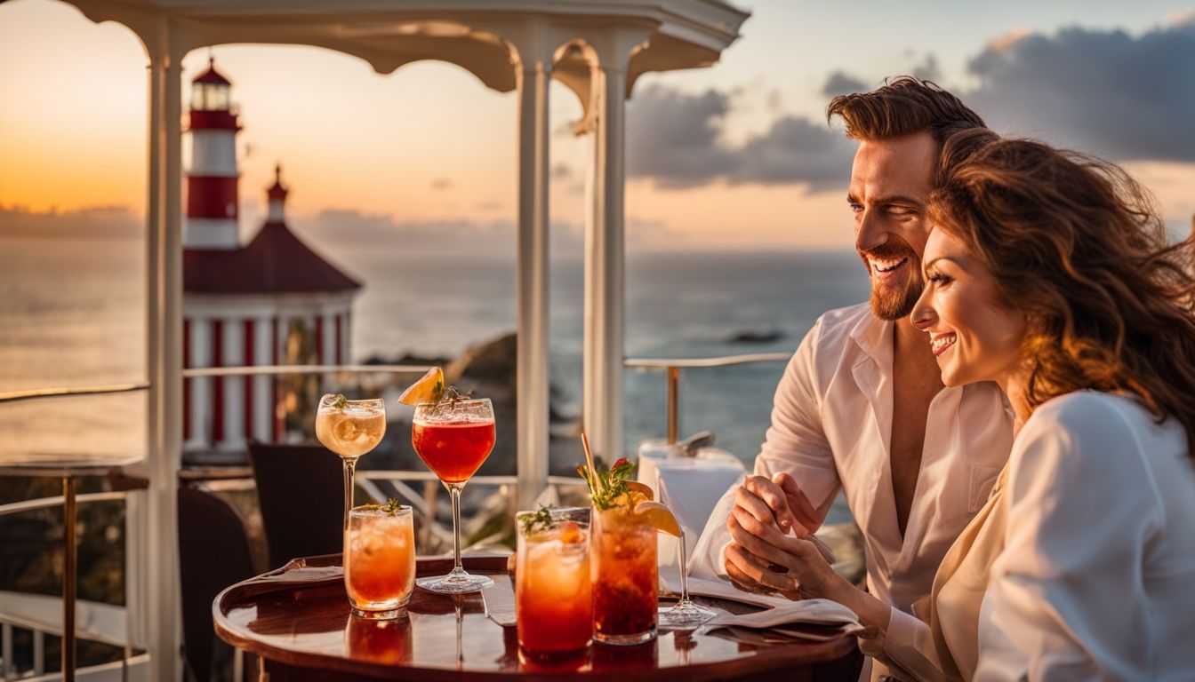 A couple enjoying cocktails on a terrace overlooking the sunset.