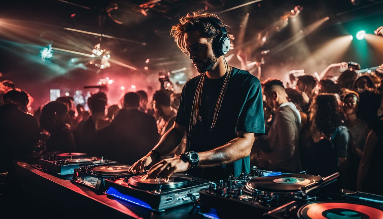 A DJ spinning vinyl records in a crowded club with a bustling atmosphere.