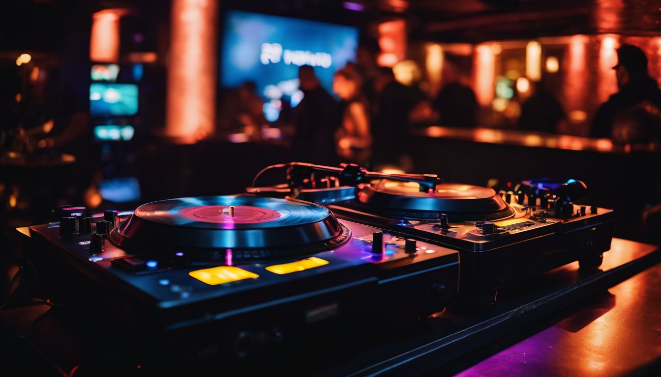 A DJ turntable and mixer in a busy, flashing club.