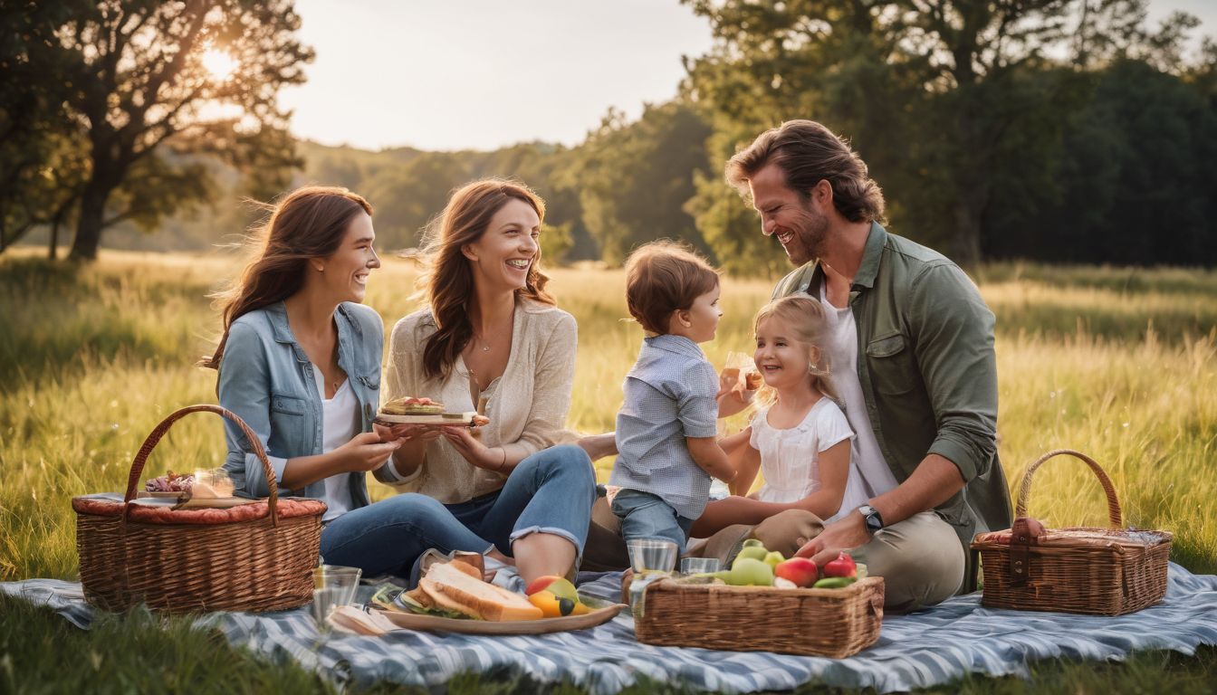 A happy family enjoying a picnic in a sunny field.