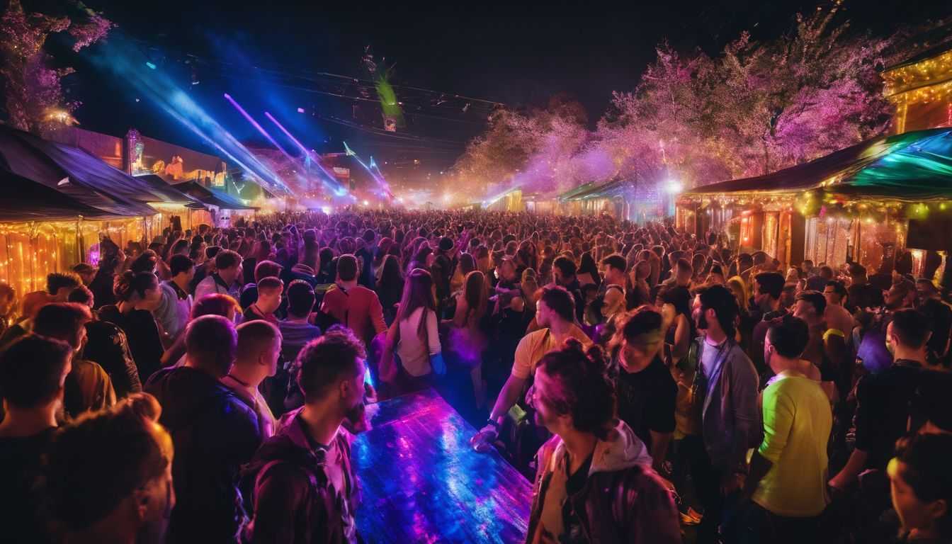 A lively crowd of ravers dancing at a festival under colorful lights.