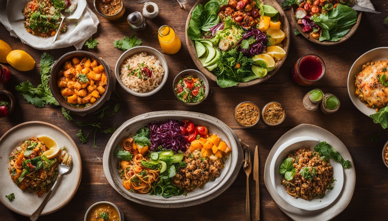 A table of vibrant vegan dishes in a bustling restaurant atmosphere.
