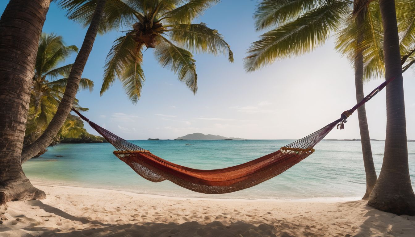 An empty hammock sways between palm trees on a tranquil beach.