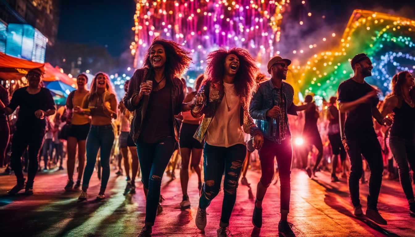 A lively festival with diverse participants dancing under vibrant lights.