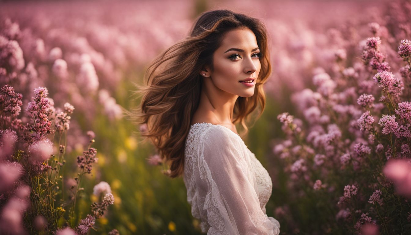 A stylish woman posing in a blossoming flower field.