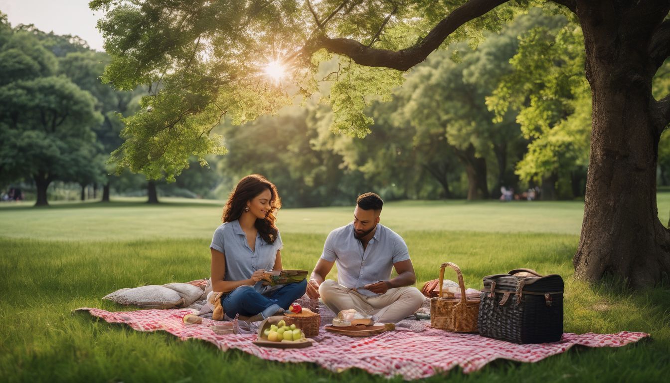 A picnic blanket under a shady tree in a lush green park.