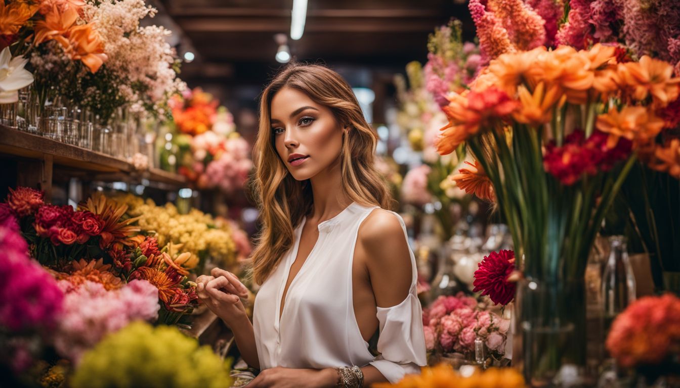 A woman surrounded by exotic flowers at a perfumery.