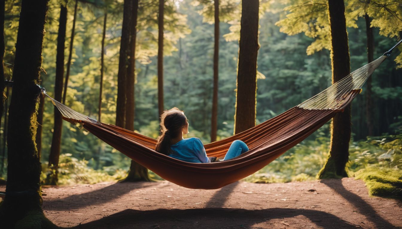A person peacefully relaxes in a forest hammock.