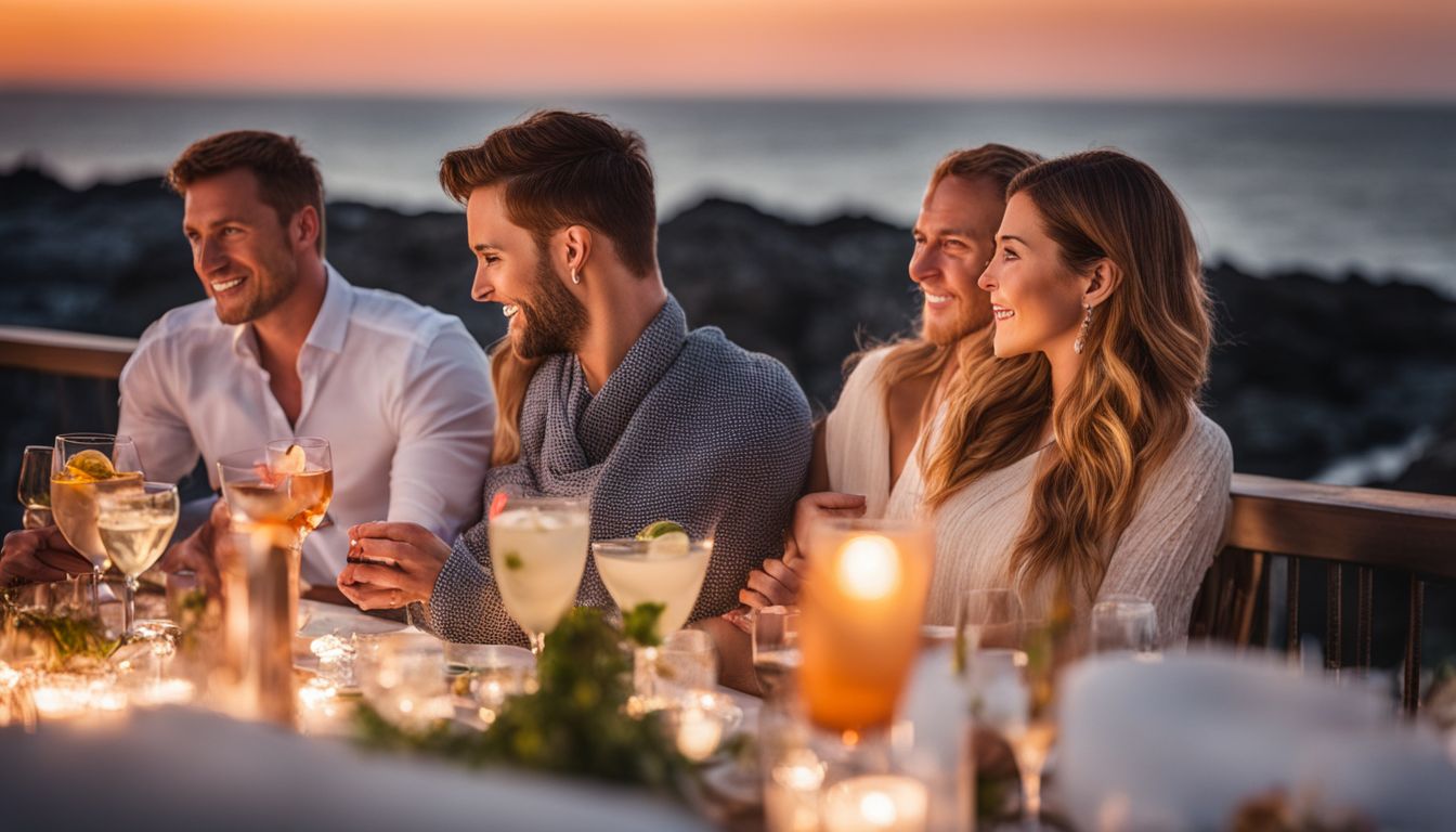 Guests enjoying oceanfront terrace with cocktails at sunset.