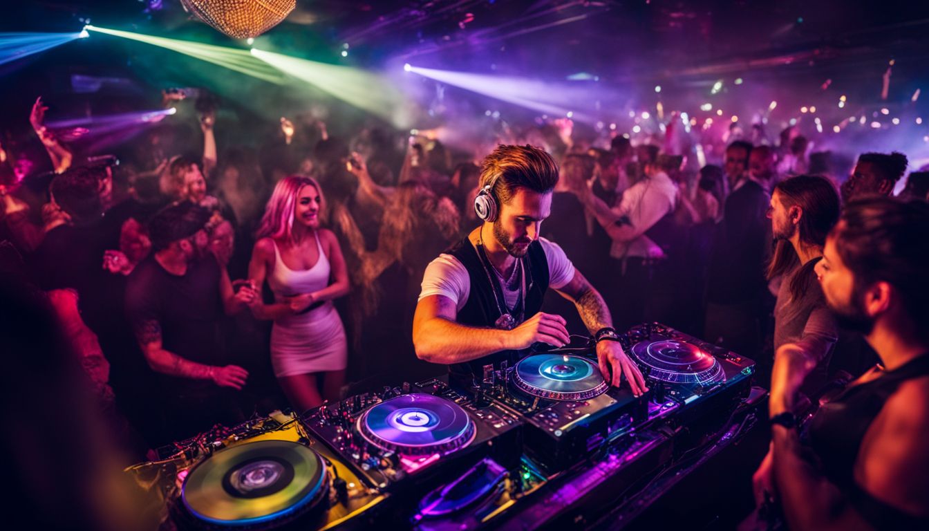 A DJ at a lively nightclub surrounded by a dancing crowd.
