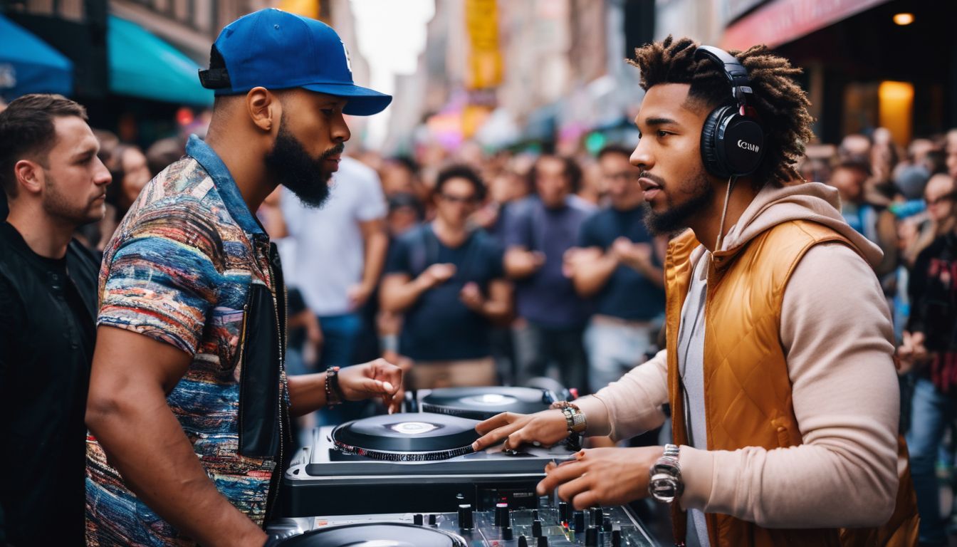 Two DJs facing off in a crowded urban street.