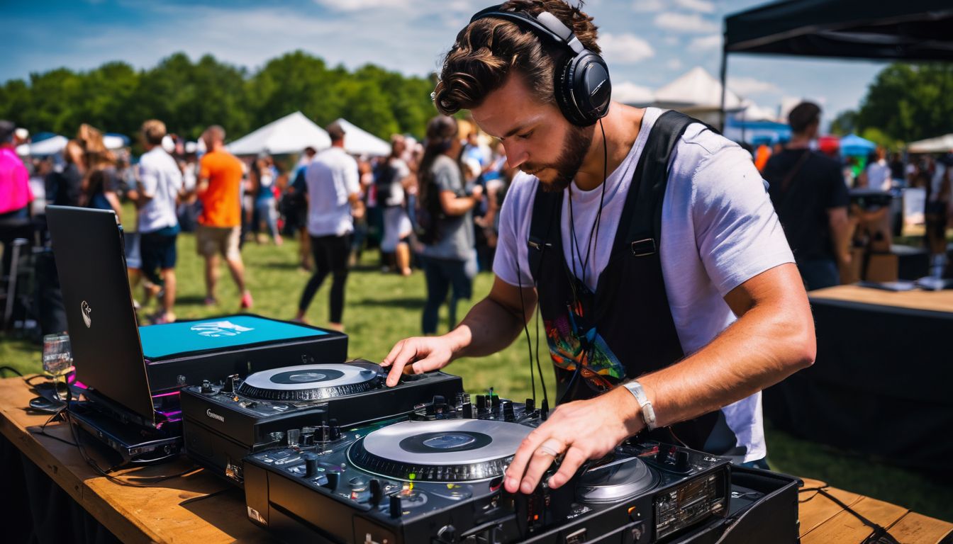 A DJ setting up equipment at a vibrant outdoor event.