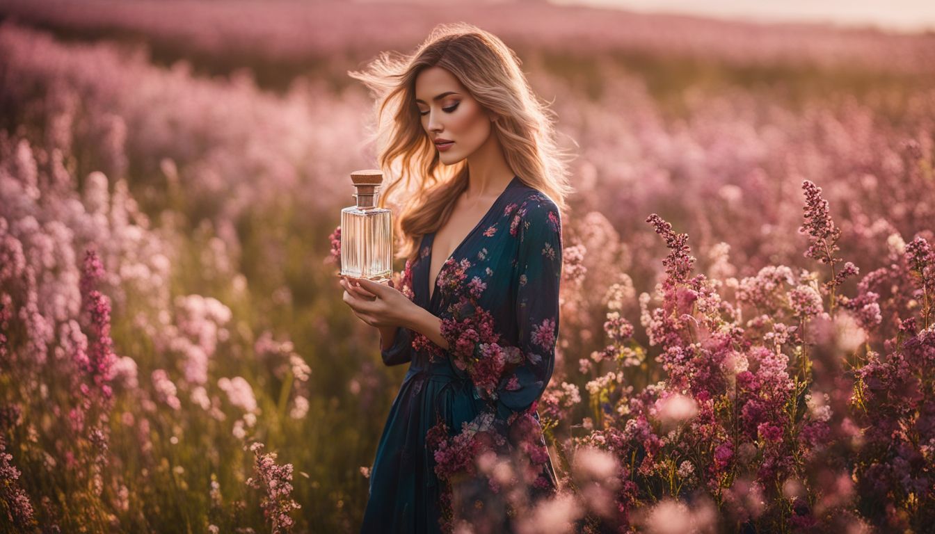 A woman holding a perfume bottle in a field of flowers.