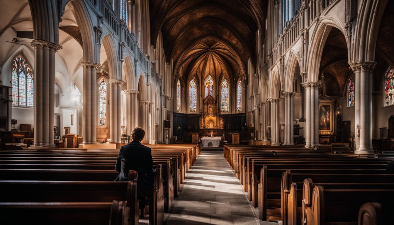 A person sitting alone in a dimly lit church surrounded by empty pews.