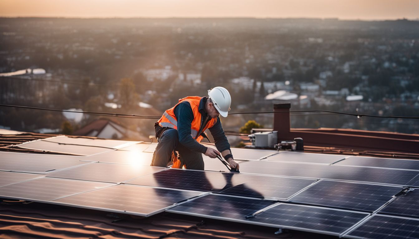 A technician installing solar panels on an urban rooftop.