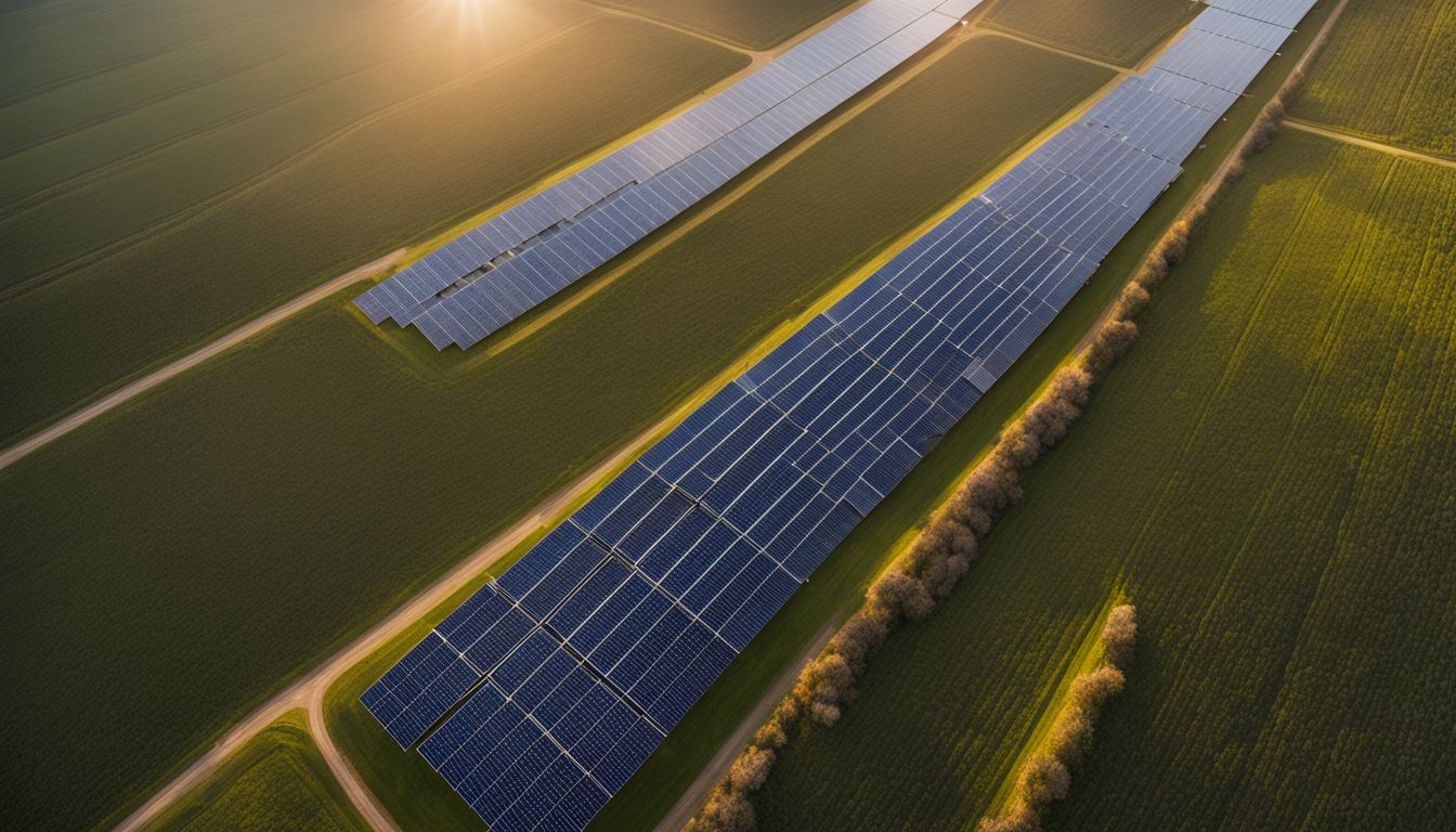 A row of solar panels in a sunlit field, captured in high resolution.