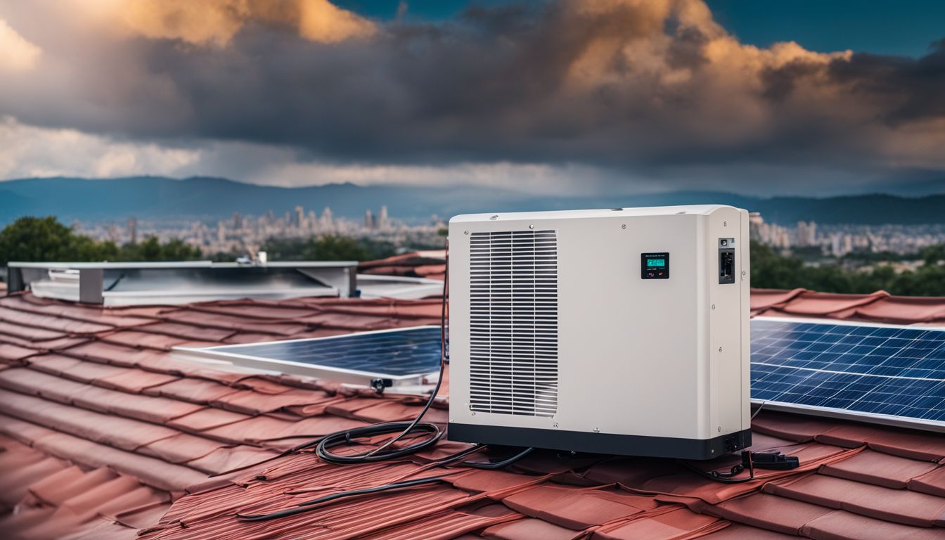 A 5kW Solar Inverter installed on a rooftop with solar panels in a bustling city.