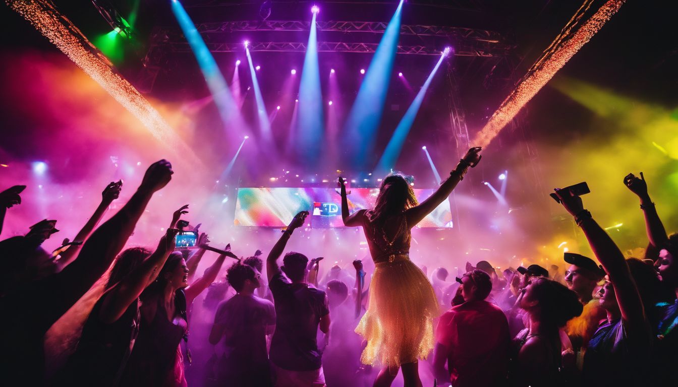 A group of friends dancing at an EDM festival under colorful lights.