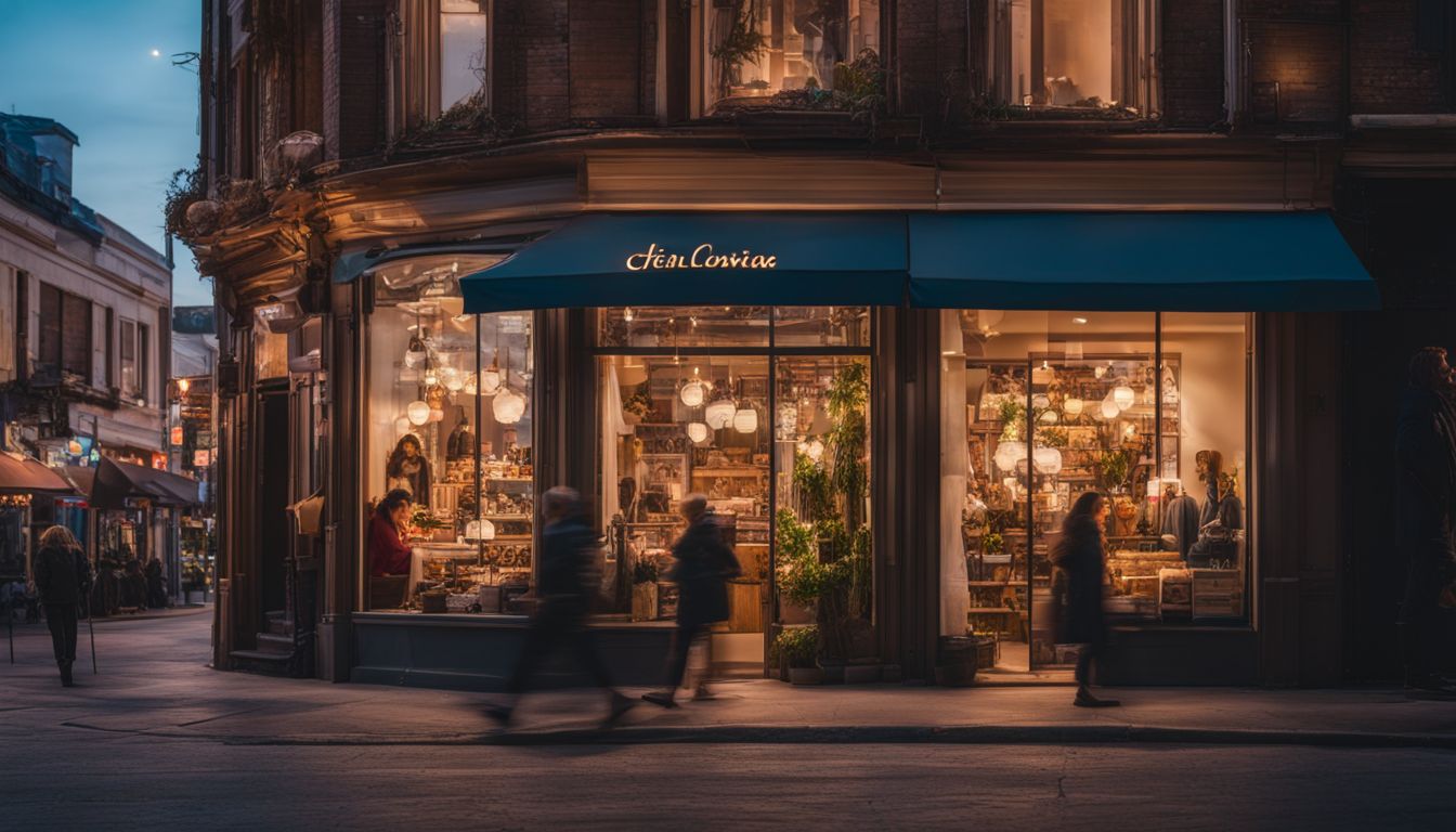 A vibrant storefront with diverse people and bustling cityscape at dusk.