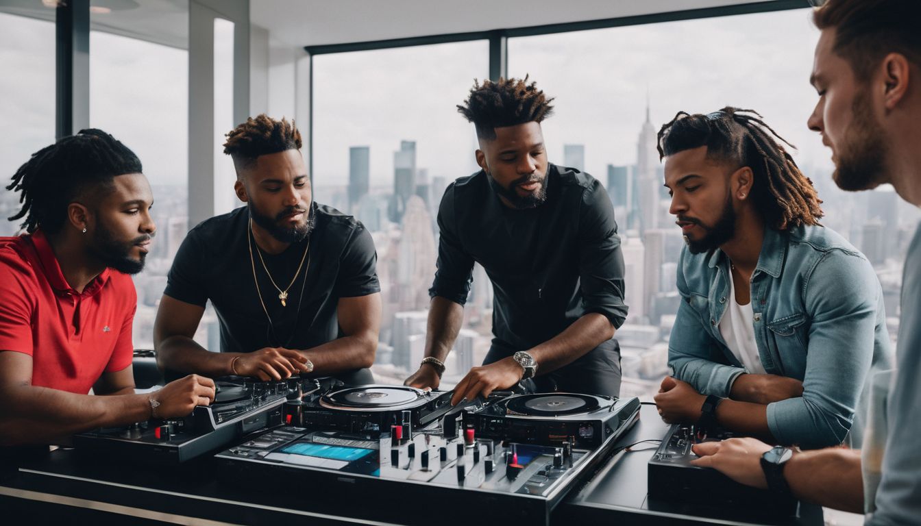 A DJ agency team discussing music with DJs in a modern office.