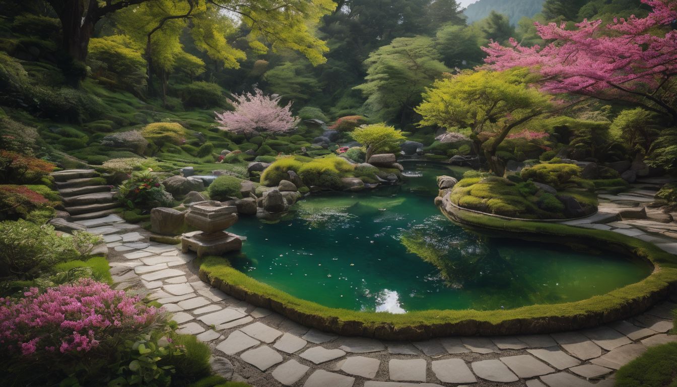 A serene Zen garden with blooming flowers and a tranquil pond.